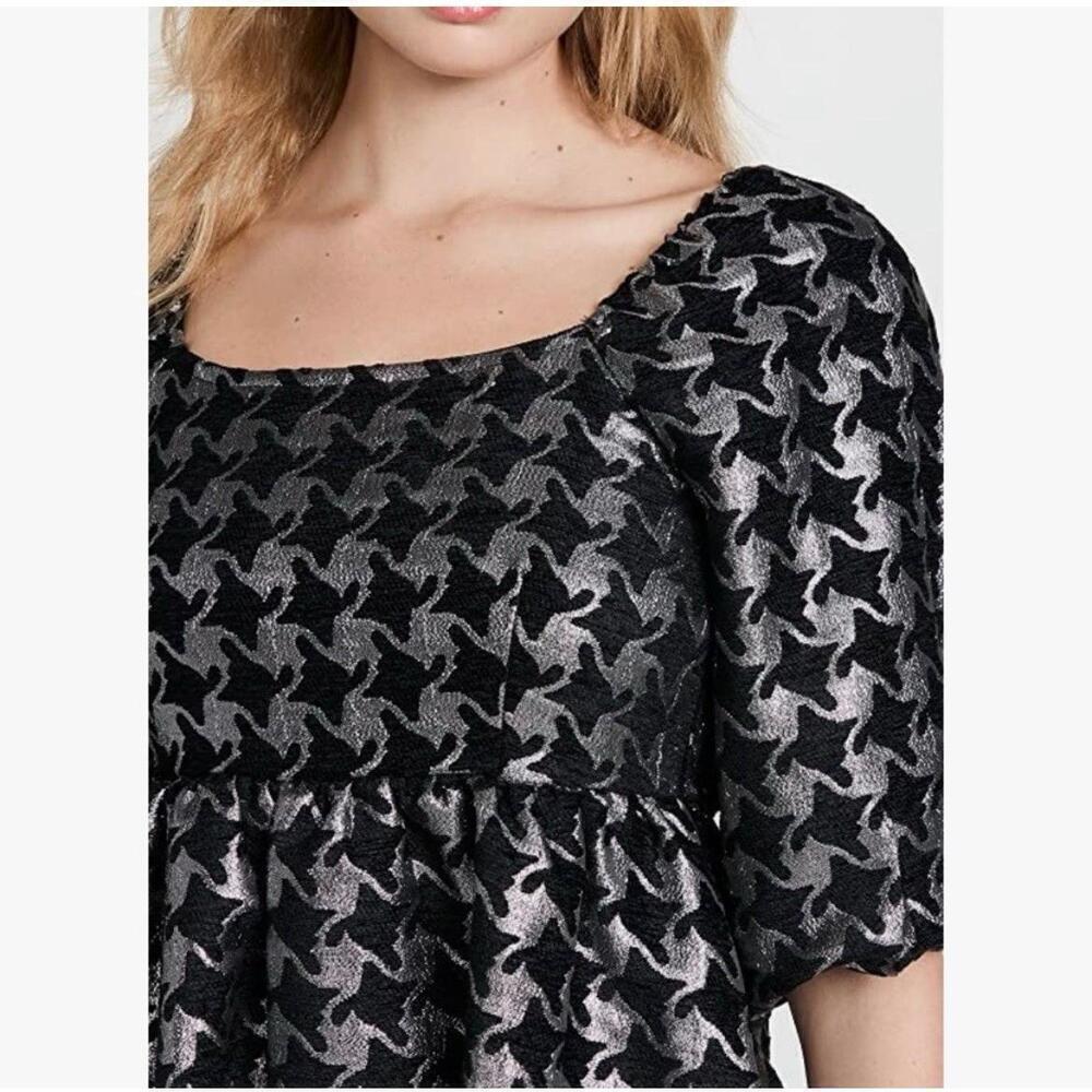 NEW Anthropologie Balloon Sleeves Dress XSMALL DAMASK houndstooth Silver Black - Picture 2 of 10